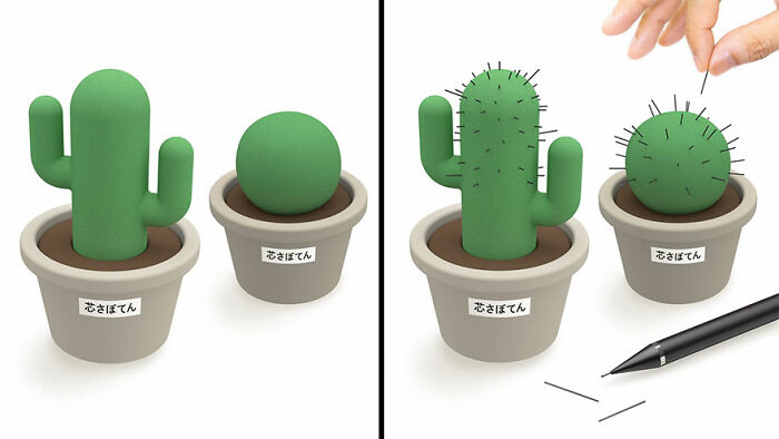 Cute and funny everyday invention showing a cactus-shaped pin holder with needles being placed by hand