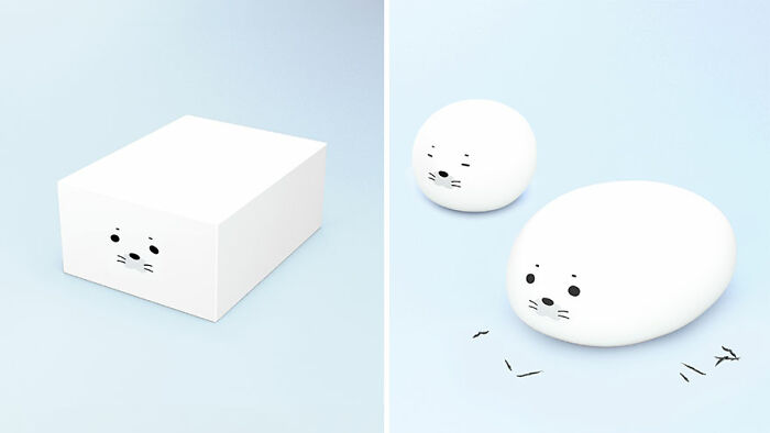 Cute and funny everyday inventions showing a box and erasers shaped like white seal faces with pencil shavings.