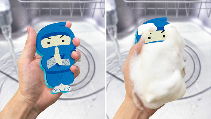 Cute and funny everyday invention showing a ninja-shaped sponge creating foam for washing dishes in a kitchen sink.