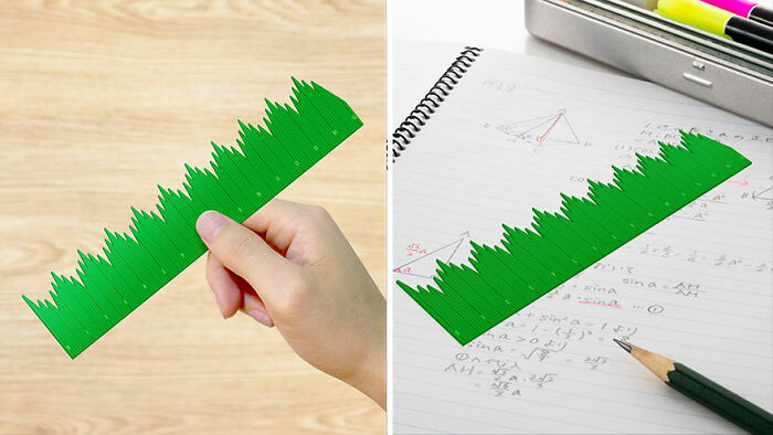 Green grass-shaped ruler held by hand and placed on notebook, a cute and funny everyday invention for your house.