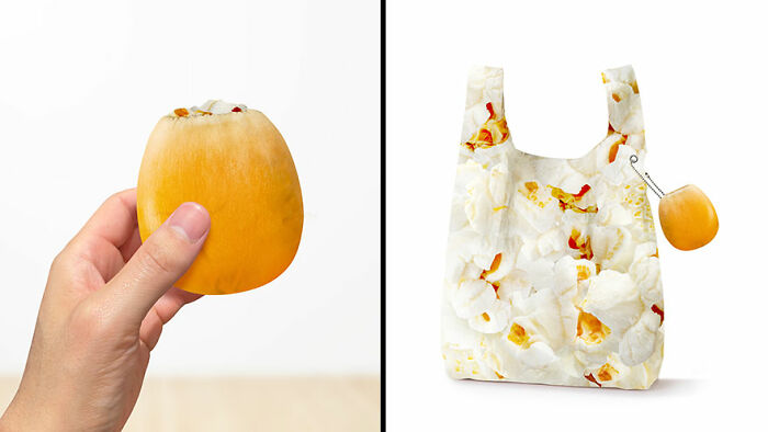 Hand holding a small yellow pouch invention with a popcorn patterned reusable bag attached, cute everyday inventions for home.