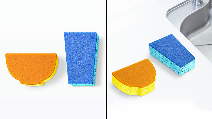 Two colorful cute and funny everyday invention sponges shown on a countertop near a sink for household use.