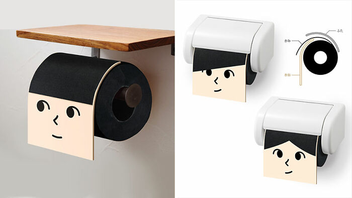 Toilet paper holder with cute and funny face design, one of the everyday inventions for your house by Kazuya Ishikawa.