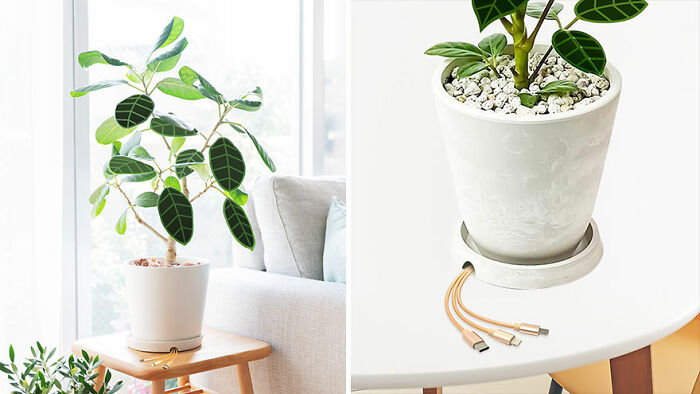 Innovative everyday invention planter with built-in charging cables for easy access and clutter-free home organization.