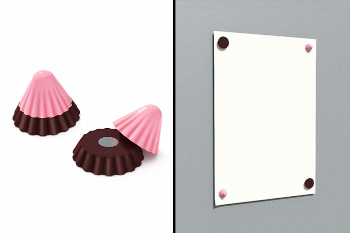 Magnetic ice cream-shaped fridge magnets holding a blank white note on a gray surface, cute everyday invention.