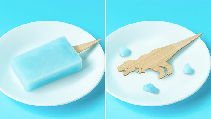 Blue popsicle on a plate with a wooden dinosaur-shaped stick and melted ice pieces, showcasing cute everyday inventions.