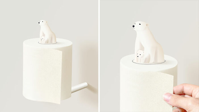 Polar bear-shaped cute and funny everyday invention serving as a creative toilet paper holder for your house.