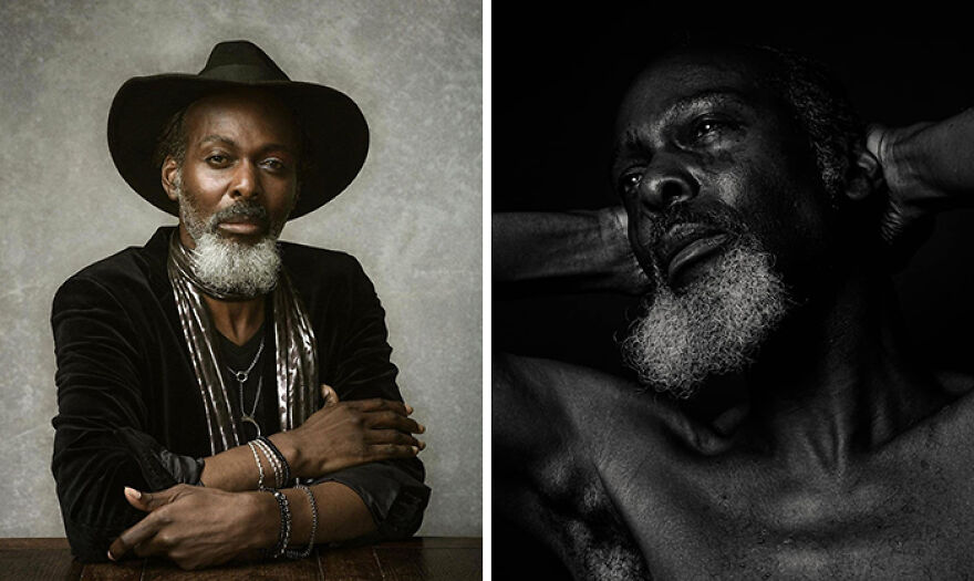 Stylish older man with a white beard posing confidently, wearing a hat in one image, showcasing handsome maturity.