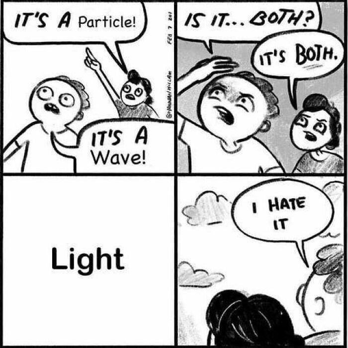 A comic discussing light as a particle and wave, with frustrated characters expressing confusion, summing up physics humor.