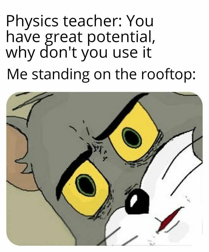 Cartoon character with wide eyes reacting humorously to a physics joke about potential.