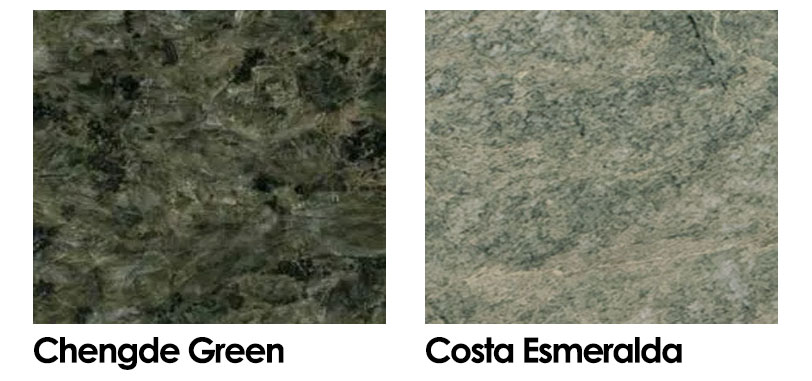 A collage of Chengde green and Costa Esmeralda green granite A collage of Chengde green and Costa Esmeralda green granite