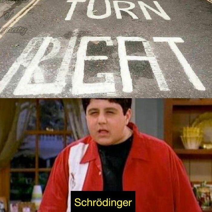 Schrödinger meme with confused person and ambiguous street text illustrating a physics joke.