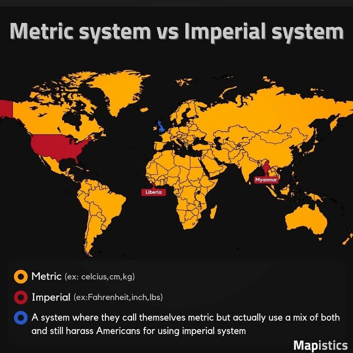 Map comparison of metric vs. imperial systems, highlighting countries using each system for a physics meme and joke context.