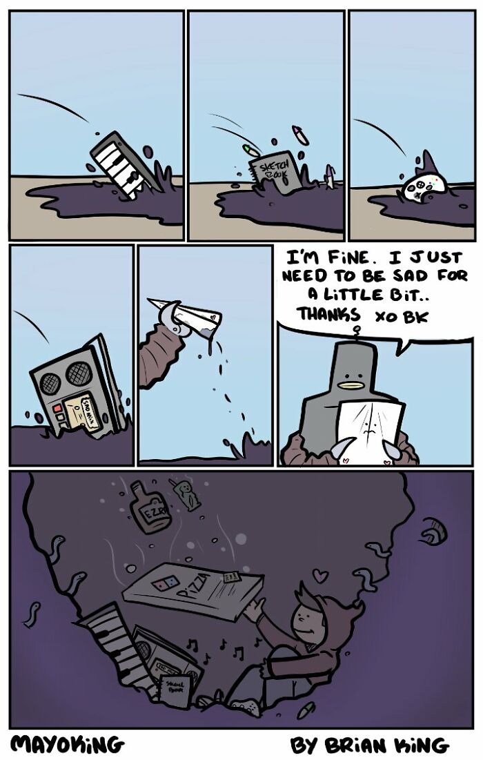 Humorous and relatable comic by Brian King about taking a moment for sadness with floating nostalgic items.