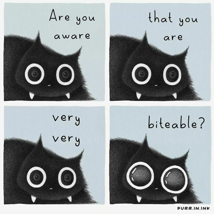 Illustration of a black cat with wide eyes in four panels, capturing the essence of cats perfectly in a charming style.