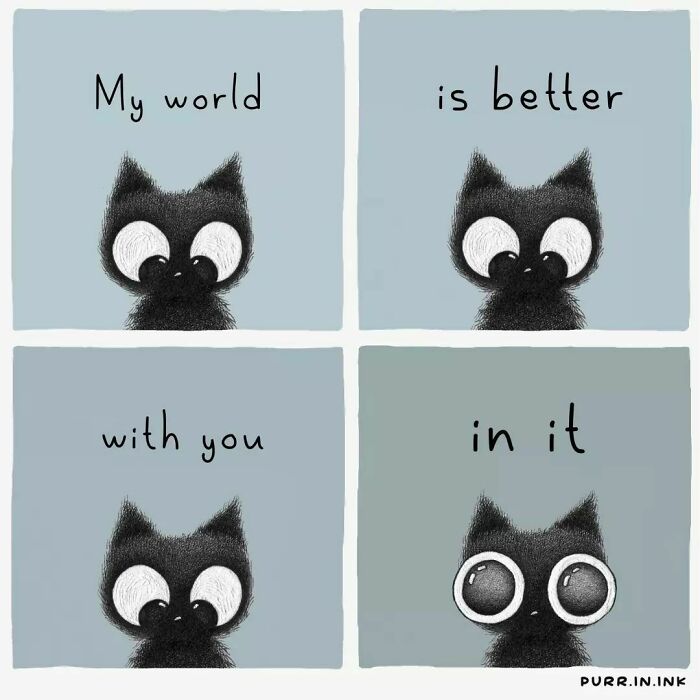 Illustration capturing the essence of cats showing a cute black cat with expressive large eyes and loving text.