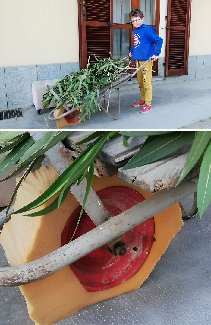 Yesterday While My Son Was Helping His Grandfather In The Garden, The Tire Of The Wheelbarrow Literally Exploded. So Today My Son Invented An Airless Tire. It Works