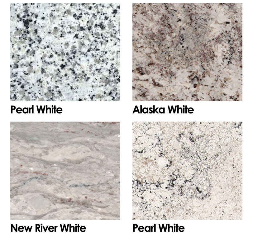 A collage of Pearl white, Alaska white, New river white, and Salinas white granite. A collage of Pearl white, Alaska white, New river white, and Salinas white granite.