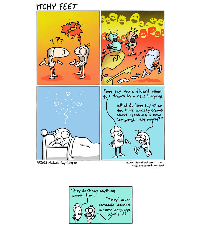 Cartoon on funny cultural differences with characters discussing language anxiety dreams and fluency stereotypes.