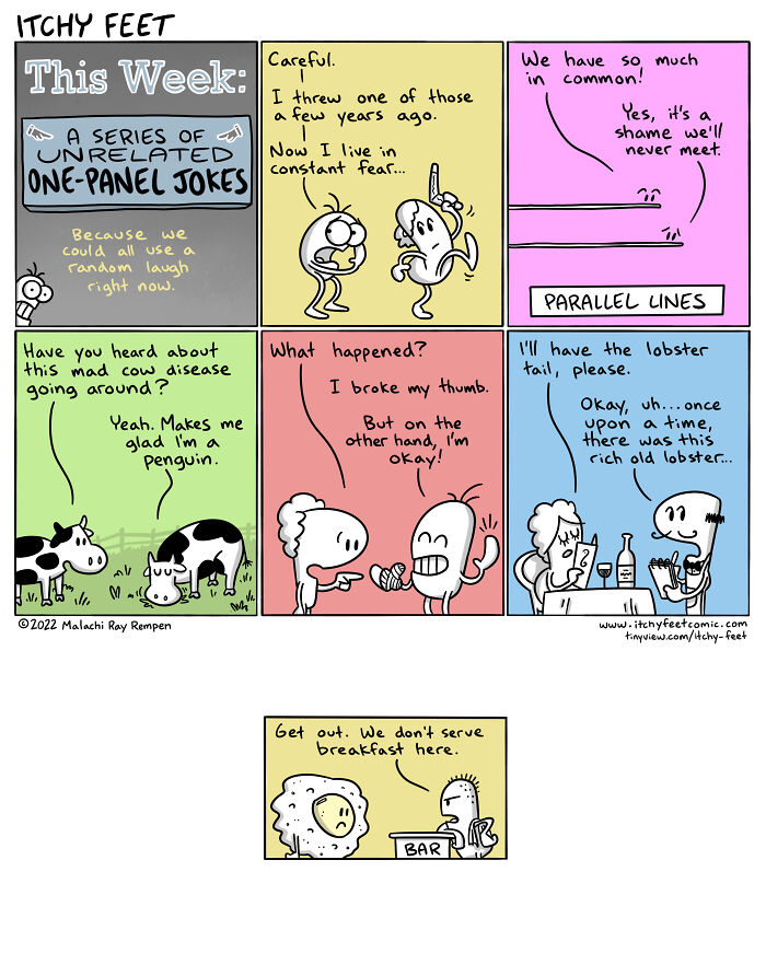 "Itchy Feet comic humorously illustrating cultural differences in travel with one-panel jokes."