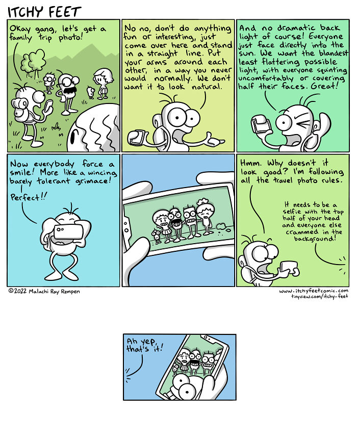Itchy Feet comic illustrating funny cultural differences in taking travel photos.