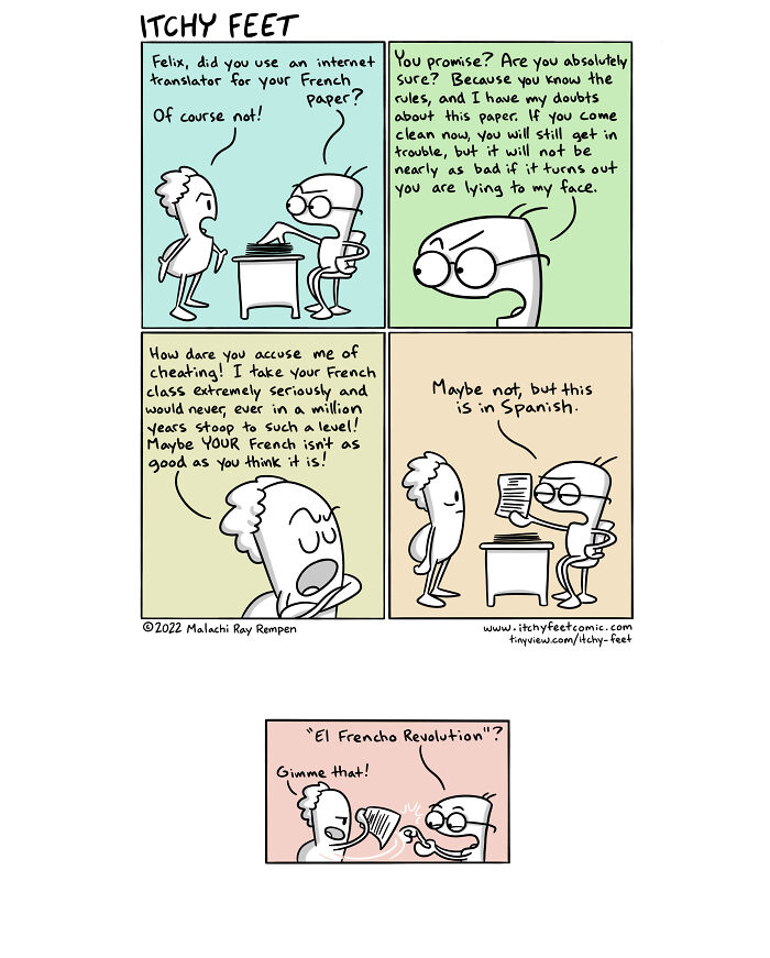 Cartoon on cultural differences from "Itchy Feet Comic" shows funny misunderstanding over a translated French paper.