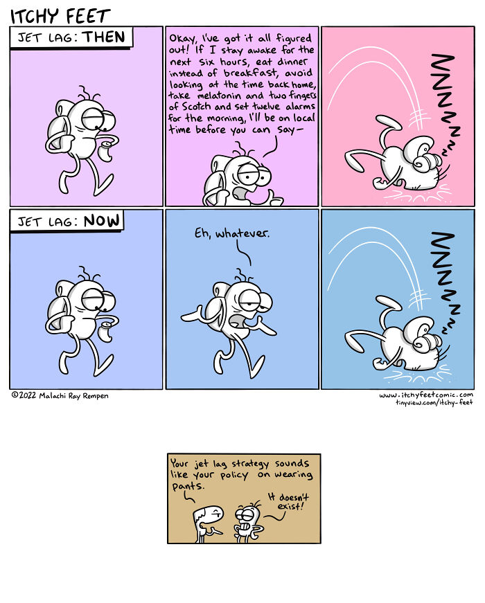 "Itchy Feet Comic on funny cultural differences and jet lag strategies depicted humorously in two scenarios."