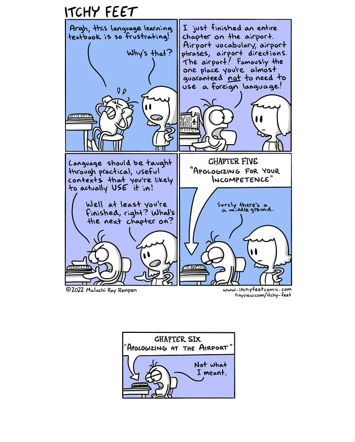 Comic depicting funny cultural differences in language learning frustrations while traveling.