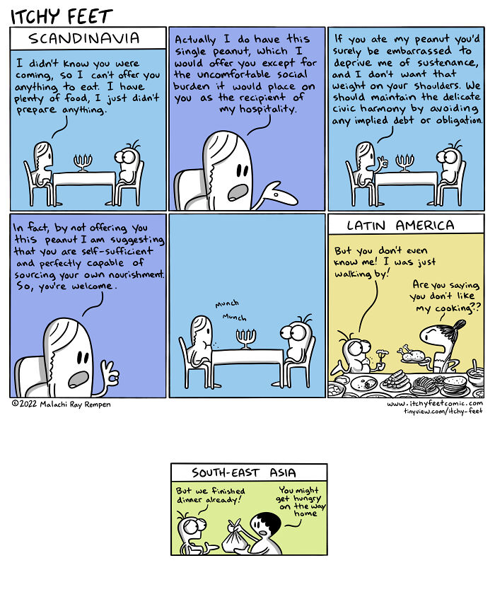 Itchy Feet comic illustrating funny cultural differences in Scandinavia, Latin America, and South-East Asia with peanuts and food.