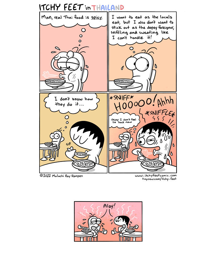 Traveler experiencing spicy Thai food in a humorous Itchy Feet comic strip.