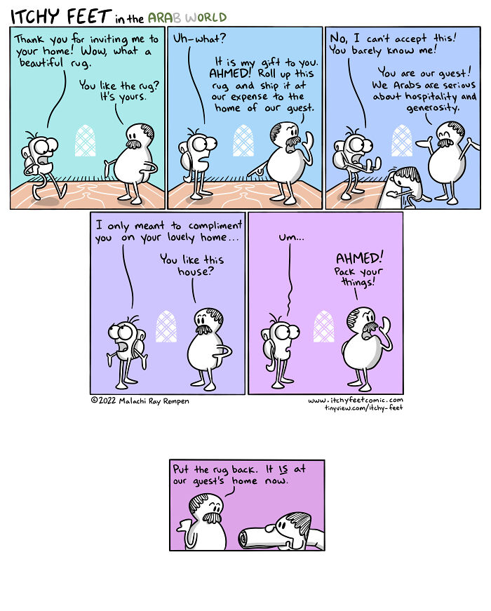 Comic illustrating funny cultural differences in the Arab world, featuring a humorous gift exchange misunderstanding.