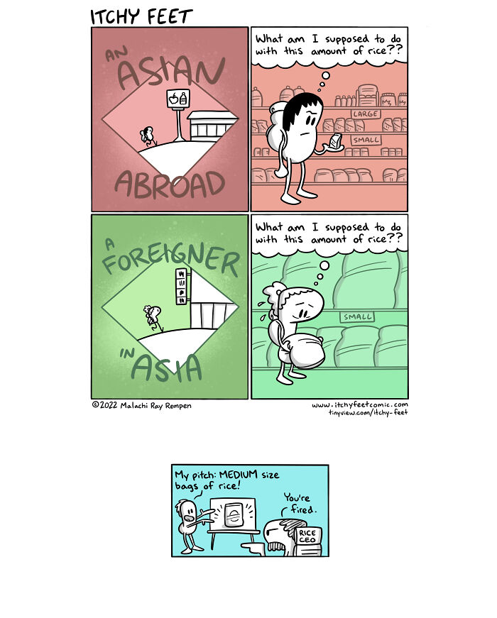 Itchy Feet comic illustrating funny cultural differences with rice sizes abroad.