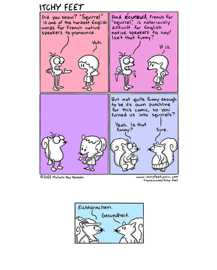 "Itchy Feet comic humorously shows cultural differences with characters struggling to pronounce 'squirrel' in various languages."