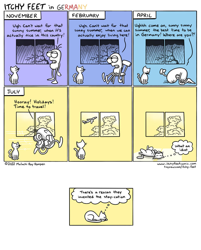 Itchy Feet comic illustrating funny cultural differences in seasons and travel expectations in Germany.