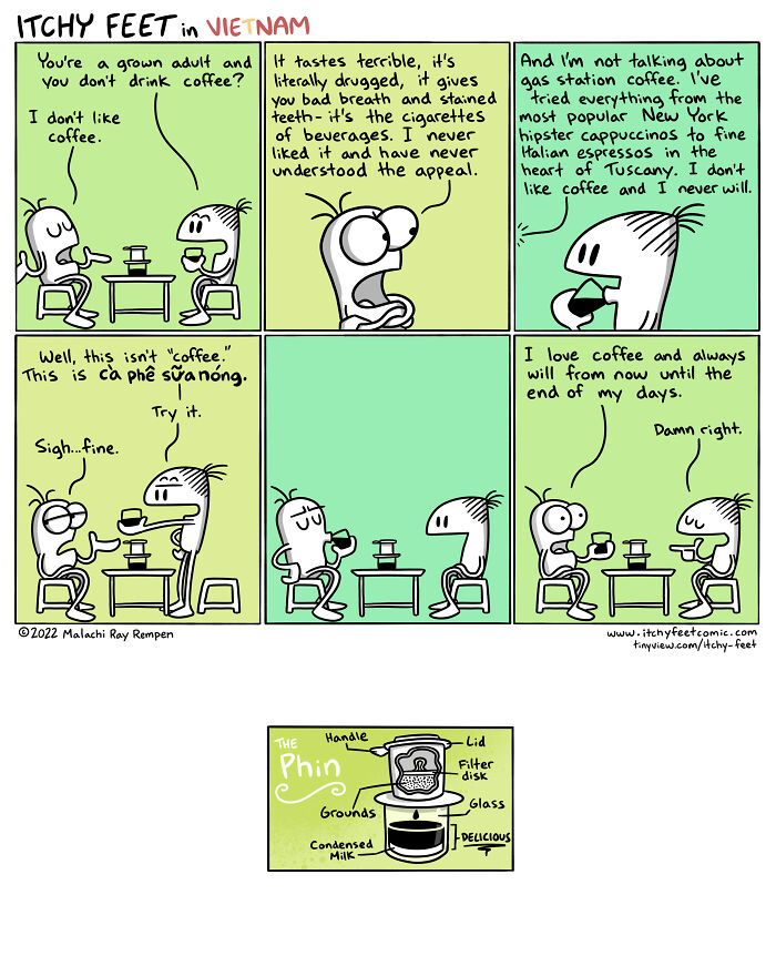 "Itchy Feet comic on funny cultural differences about coffee in Vietnam, highlighting contrasting tastes and reactions."
