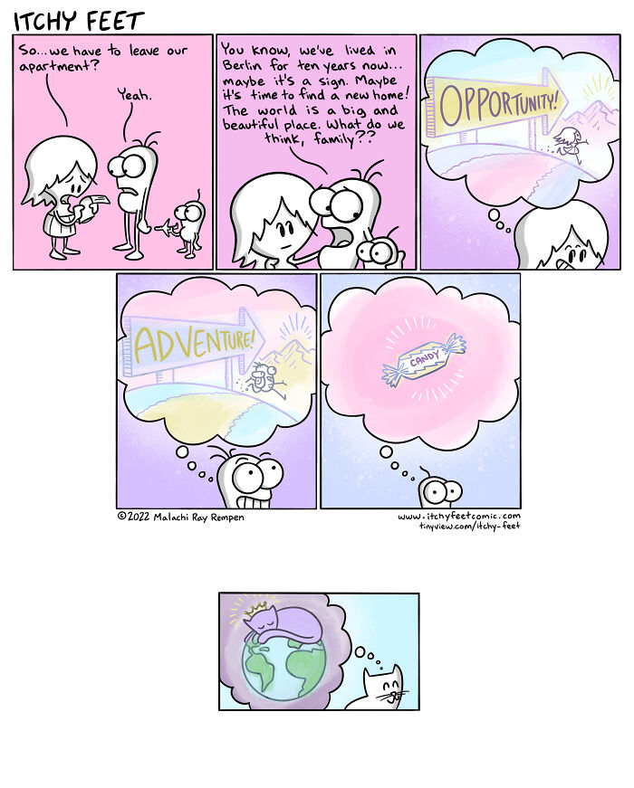 Itchy Feet comic showing family considering moving; each imagines adventure, opportunity, candy, and a sleeping cat on a globe.