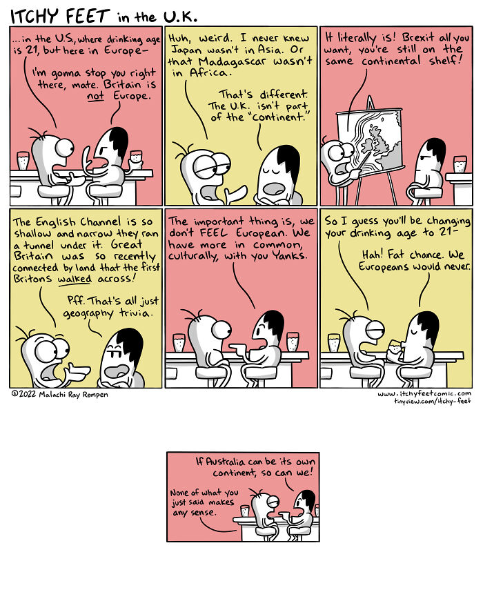 Itchy Feet comic humorously depicts funny cultural differences in the UK, focusing on Europe and geography.