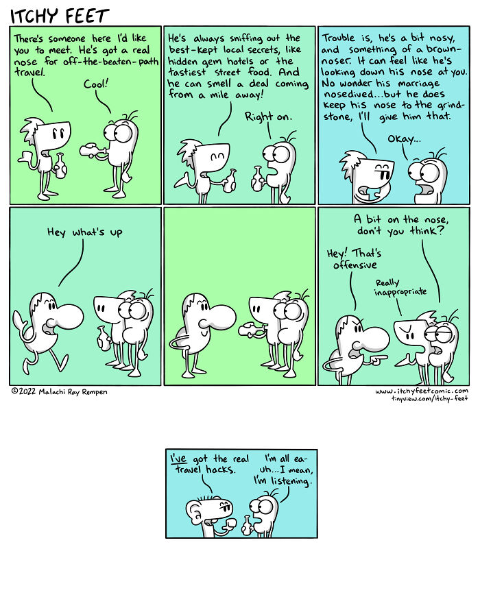 "Itchy Feet comic illustrating funny cultural differences among travelers with characters discussing travel hacks."