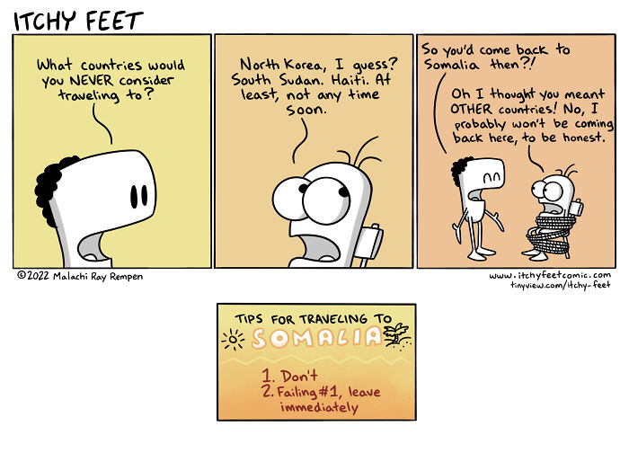 Itchy Feet comic illustrating funny cultural differences in global travel choices and tips for Somalia.