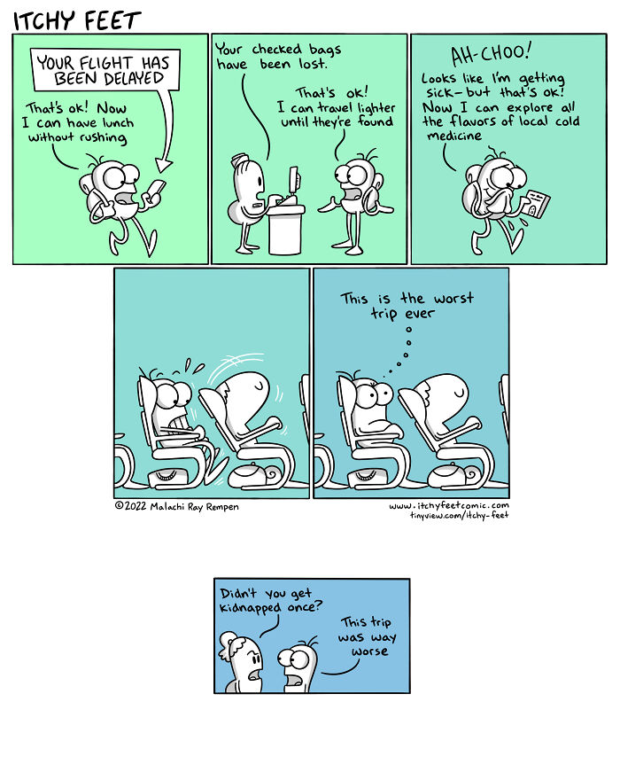 "Itchy Feet comic depicting funny cultural differences experienced by travelers in various travel mishaps."