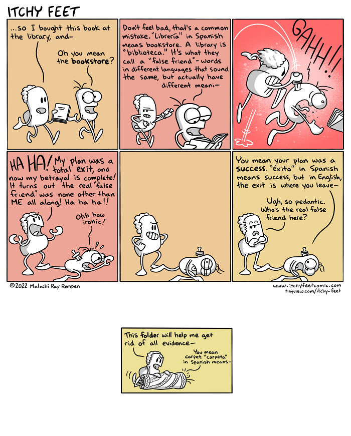 Funny cultural differences comic highlighting miscommunication in language, with characters humorously confused by false friends.