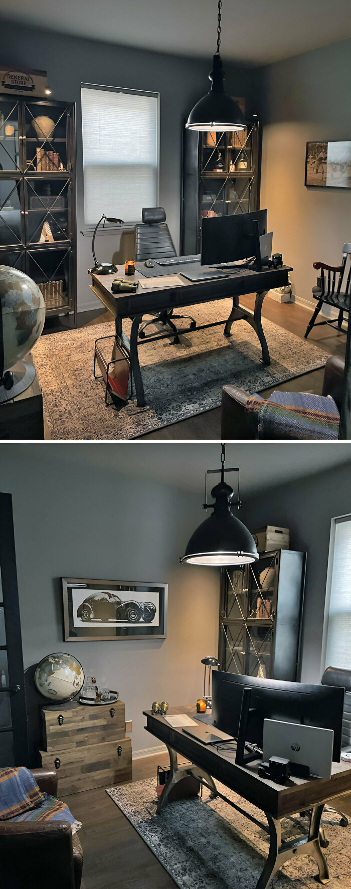 Cozy home office design with dark furniture, vintage decor, and warm lighting creating a comfortable workspace atmosphere.