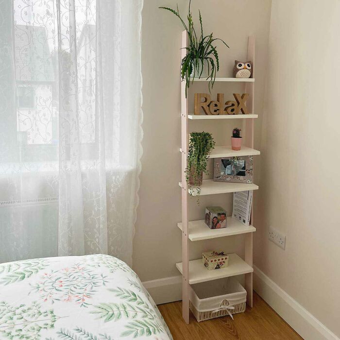 Repurposed ladder to a shelf