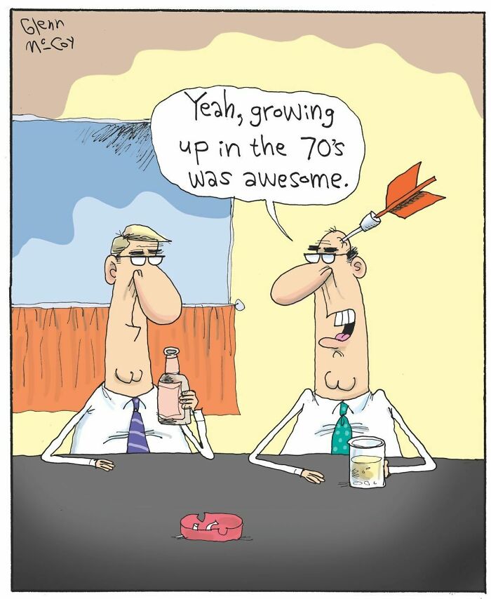 One-panel comic by artist showing two men at a bar, one with a dart in his head, humorously capturing quirks of human behavior.
