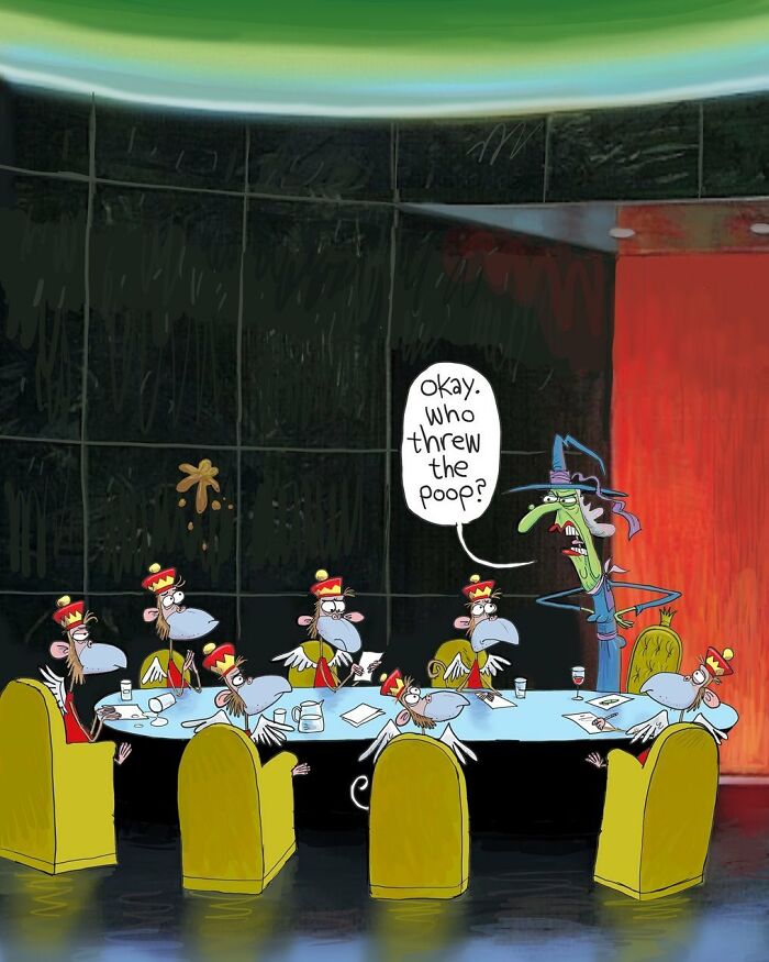 Cartoon one-panel comic showing a witch questioning monkeys in uniforms about p**p on the wall, capturing funny human quirks.