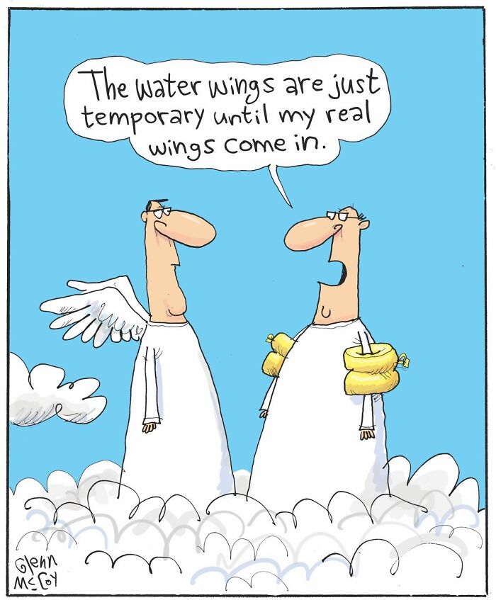 One-panel comic by artist showing quirky human behavior with a man wearing water wings and another with real wings in clouds.