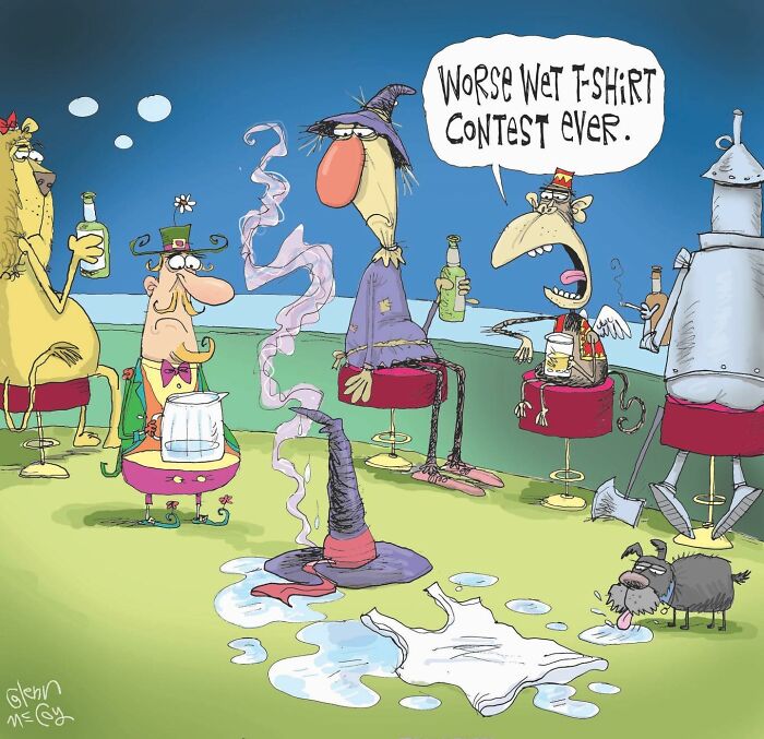 One-panel comic by artist humorously capturing quirks of human behavior and animals at a wet T-shirt contest.