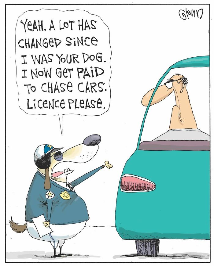 Funny one-panel comic shows a dog dressed as a police officer humorously inspecting a driver, capturing quirky human and animal behavior.