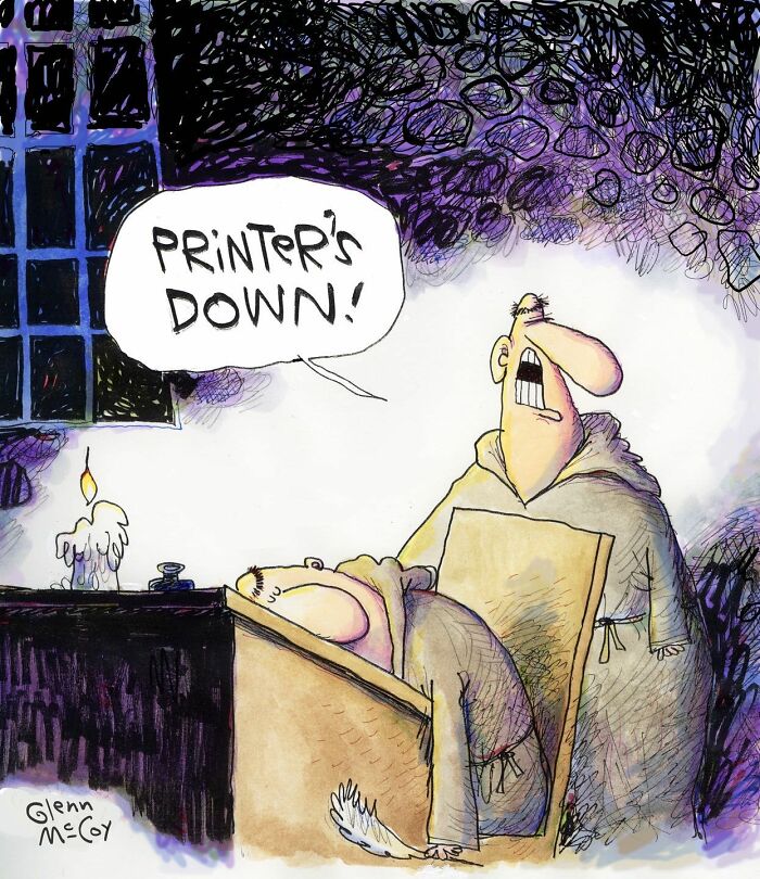 Funny one-panel comic showing two monks, one asleep at a desk, another shouting printer’s down capturing human quirks.