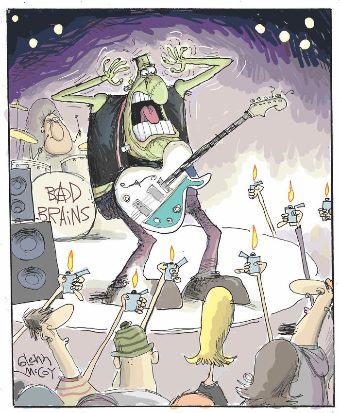 Cartoon of a funny one-panel comic showing a musician on stage with a guitar, capturing human behavior quirks.